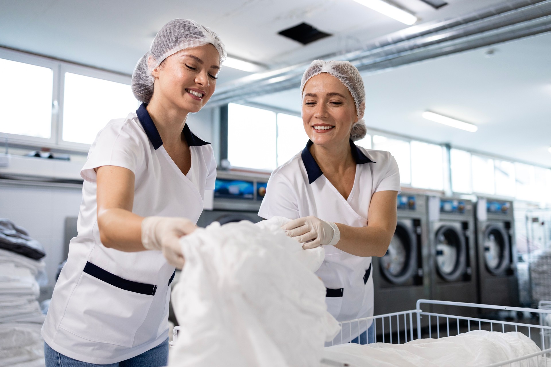 Working in hospital laundry service.